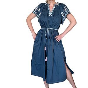 Ex Voto Bri midi dress with embroidery flatter short sleeves blue 100% cotton